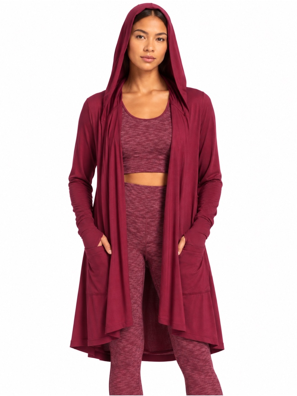 Athleta Harmony Wrap Hooded Cardigan Burgundy/Wine Small Long Open Front Draped